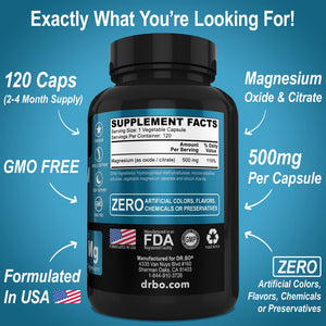 Magnesium Complex Supplement Capsules 500mg - Support Energy, Relaxation, Leg Cramps & Legs - Help Aid Muscle Support Supplements - High Absorption Premium Mag Citrate Oxide - 120 Capsules DR. BO buy supplements Au