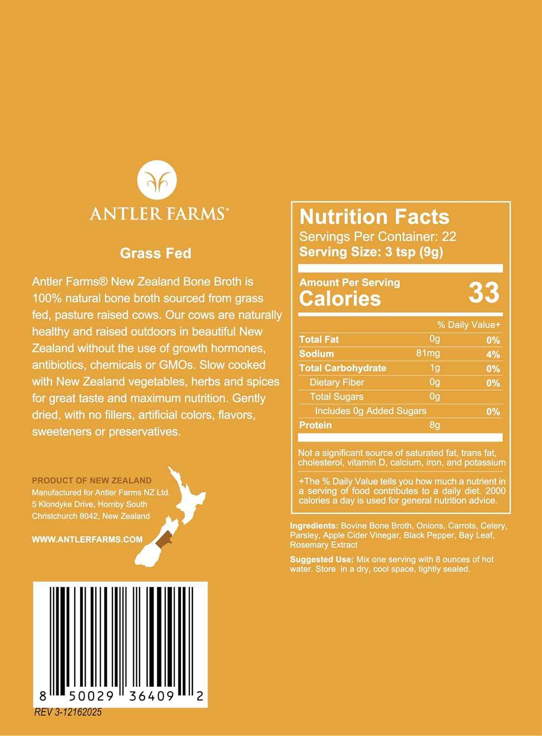 Antler Farms - 100% Grass Fed New Zealand Bone Broth Powder, 40 Servings, 200g - Slow Cooked, Gently Dried, Delicious Flavor, No Hormones, Antibiotics, & GMOs | 100% Pure Beef Bone Broth Powder for Humans, Slow Cooked, Gently Dried, Light Flavor, No Hormo