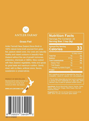 Antler Farms - 100% Grass Fed New Zealand Bone Broth Powder, 40 Servings, 200g - Slow Cooked, Gently Dried, Delicious Flavor, No Hormones, Antibiotics, & GMOs | 100% Pure Beef Bone Broth Powder for Humans, Slow Cooked, Gently Dried, Light Flavor, No Hormo