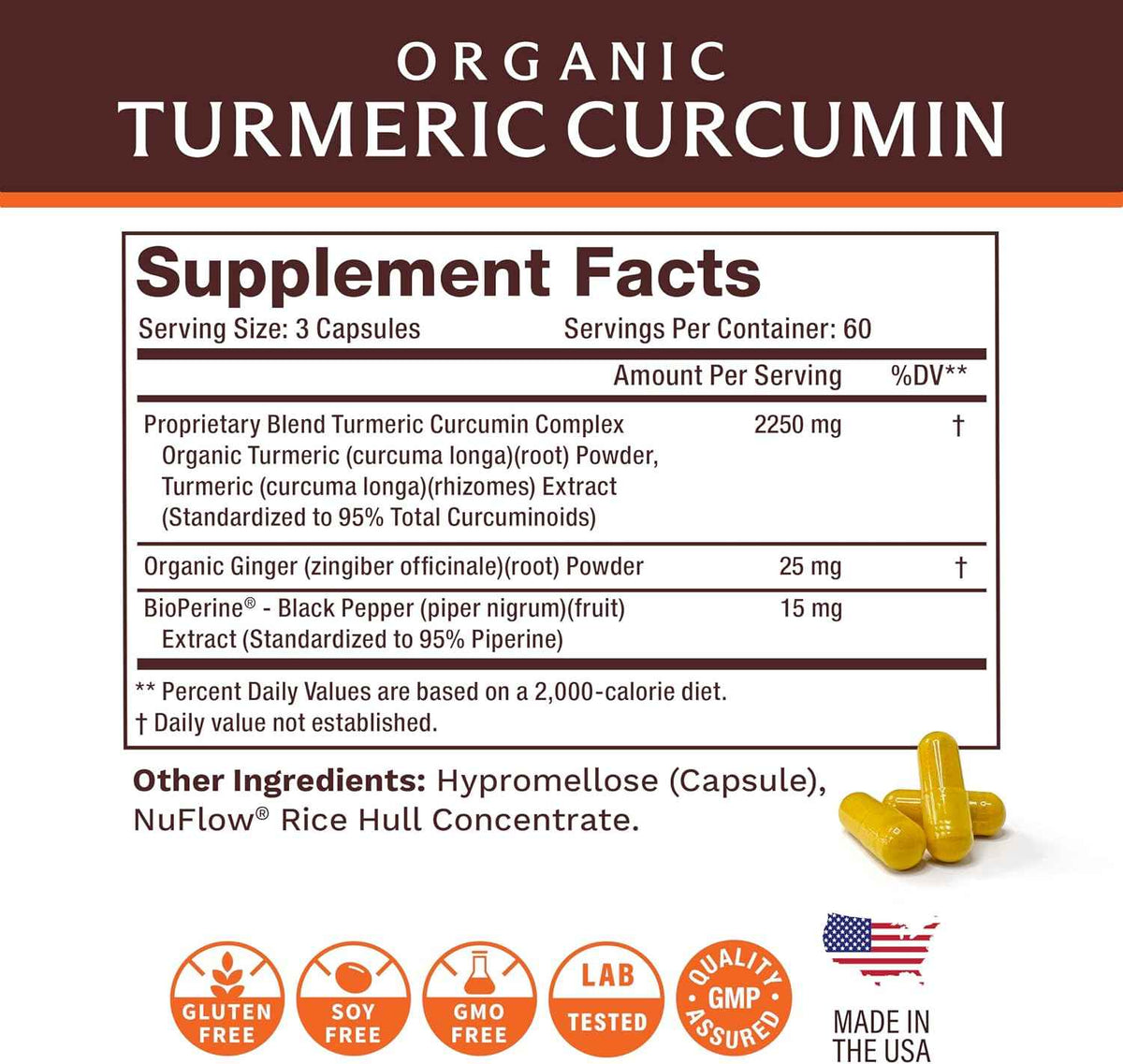 Life's Fortune Organic Turmeric Curcumin with Black Pepper and Ginger, Enhanced Absorption, Extra Strength Supplement, Joint & Immune Support, Non-GMO, 180 Cap - 2250mg