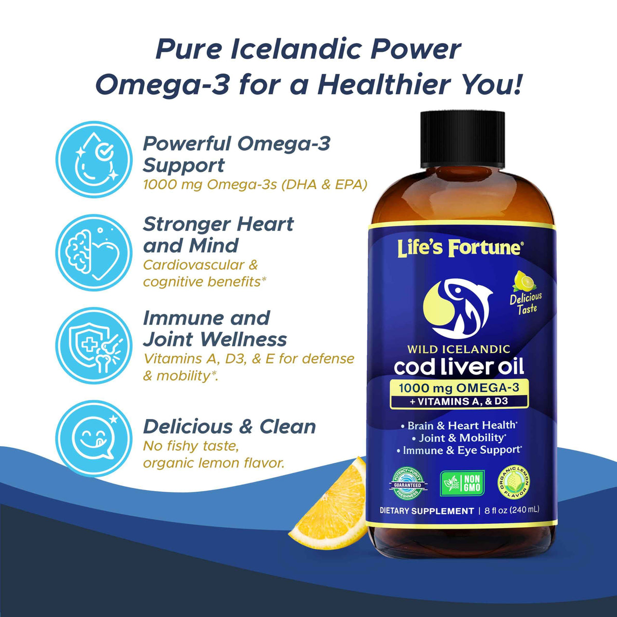 Life's Fortune Cod Liver Oil Liquid Lemon Flavor Organic Supplement with DHA, EPA 1000 mg High Potency Omega-3s + Vitamin A, E & D3 - Supports Immune, Joints, Eyes, 16 Fl Oz (Pack of 1)