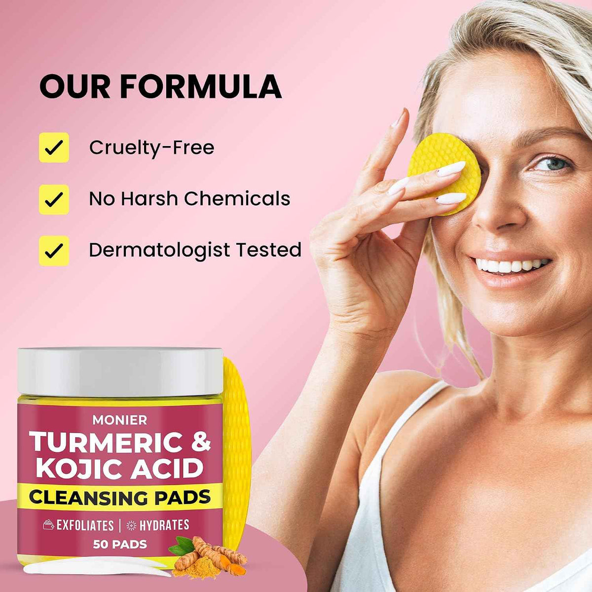 Turmeric Kojic Acid Cleansing Pads for Face Dark Spots - Hydrates & Plumps | With Vitamin C & E, Sensitive Skin Friendly (50 Pads)