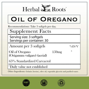 Herbal Roots Oil of Oregano - Made from Mediterranean Oregano Oil - 90 Easy to Swallow Softgel Capsules - Extra Strength 150mg Herbal Roots buy supplements Au