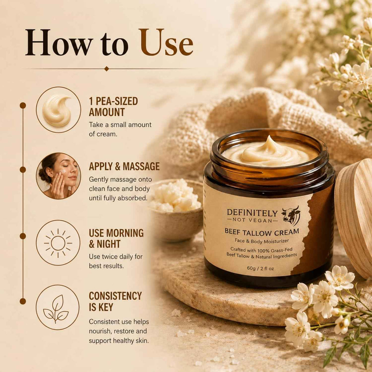 Beef Tallow Cream for Face and Body, Grass Fed Tallow Moisturizer with Manuka Honey, Collagen and Emu Oil, Unscented Handmade Skin Cream for Dry Skin, 2 fl oz