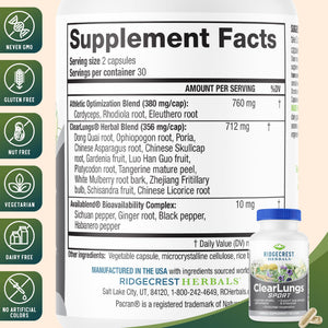 Ridgecrest Herbals ClearLungs Sport, Oxygen Intake and Lung Support Formula with Cordyceps, Rhodiola, Eleuthero (60 Vegan Caps, 30 Serv) RidgeCrest HerbalsBuy Supplements Australia