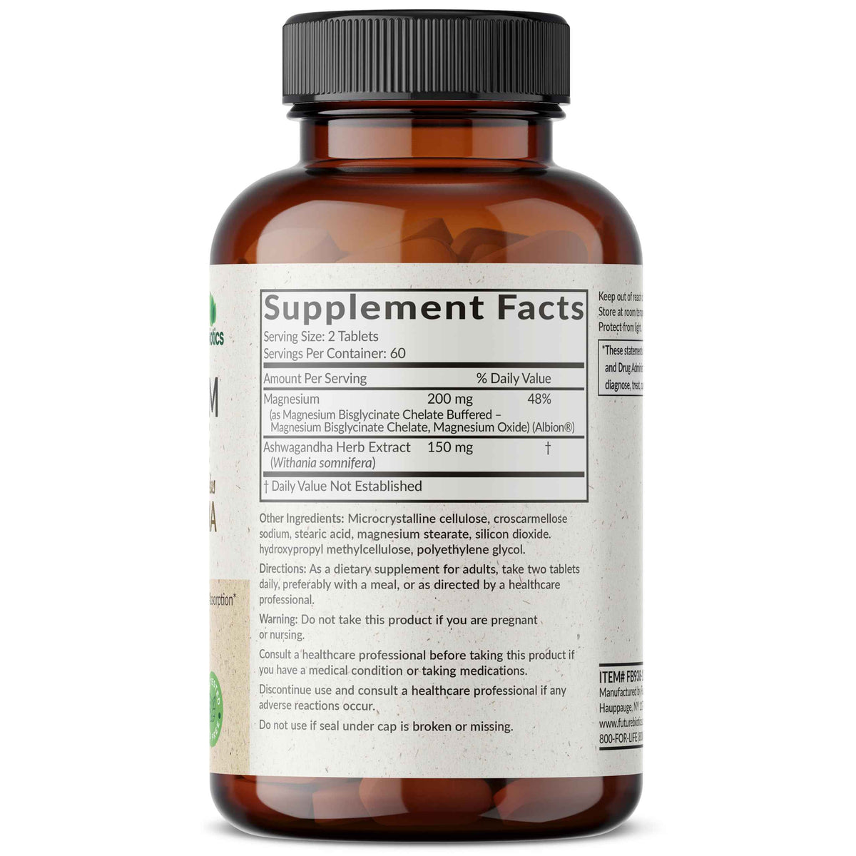 Futurebiotics Magnesium Glycinate + Ashwagandha, 60 Tablets | 2-in-1 Stress & Mood Support, High Absorption, Gentle On The Stomach, Non-GMO, Gluten Free, Soy Free
