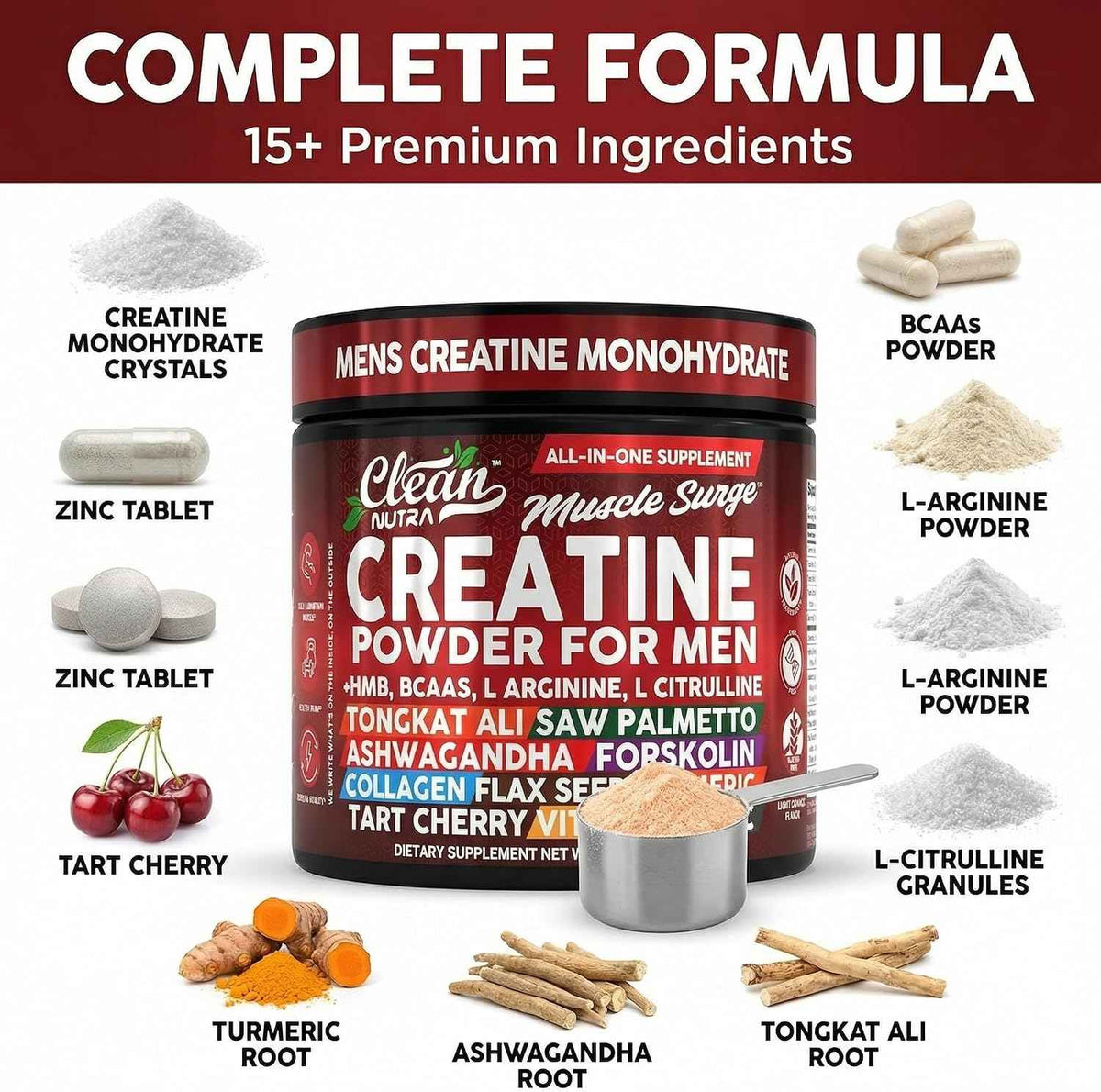 Clean Nutra Creatine Powder for Men + HMB BCAA L Arginine L Citrulline Tongkat Ali Saw Palmetto Ashwagandha Collagen Flax Seed Turmeric Preworkout Stevia Nitric Oxide L Glutamine Amino Acids