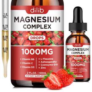 Dilib magnesium complex supplement bottle with strawberry flavor, dropper, and syringe on a white background.