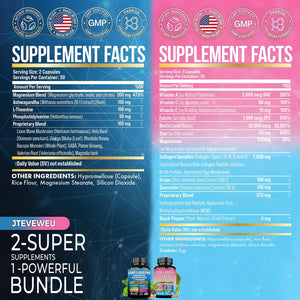 JTEVEweu Shining Serenity Set, Cortisol Support with Ashwagandha, L-Theanine, Magnesium, Lions Mane, GABA, Bacopa Monnieri, Collagen Biotin, Keratin, Hyaluronic Acid, Quercetin JTEVEweu buy supplements Au