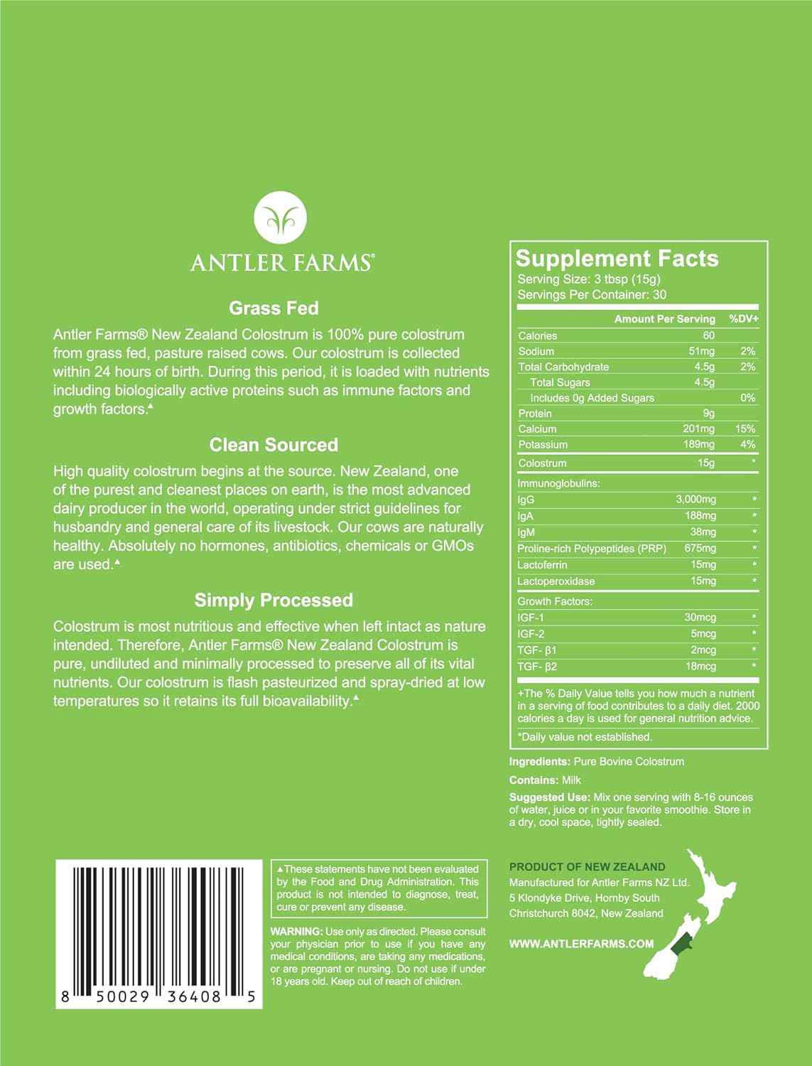 Antler Farms 100% Pure New Zealand Colostrum, 30 Servings, 1 lb - Grass Fed, Pasture Raised, Clean Sourced, Cold Processed, Undiluted, High IgG Content | 100% Pure, Pasture Raised, Clean Sourced, Super Potent, Cold Processed, Undiluted, 20-25% IgG Content