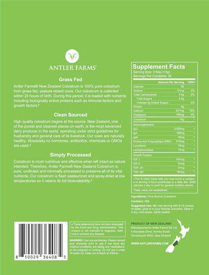 Antler Farms 100% Pure New Zealand Colostrum, 30 Servings, 1 lb - Grass Fed, Pasture Raised, Clean Sourced, Cold Processed, Undiluted, High IgG Content | 100% Pure, Pasture Raised, Clean Sourced, Super Potent, Cold Processed, Undiluted, 20-25% IgG Content