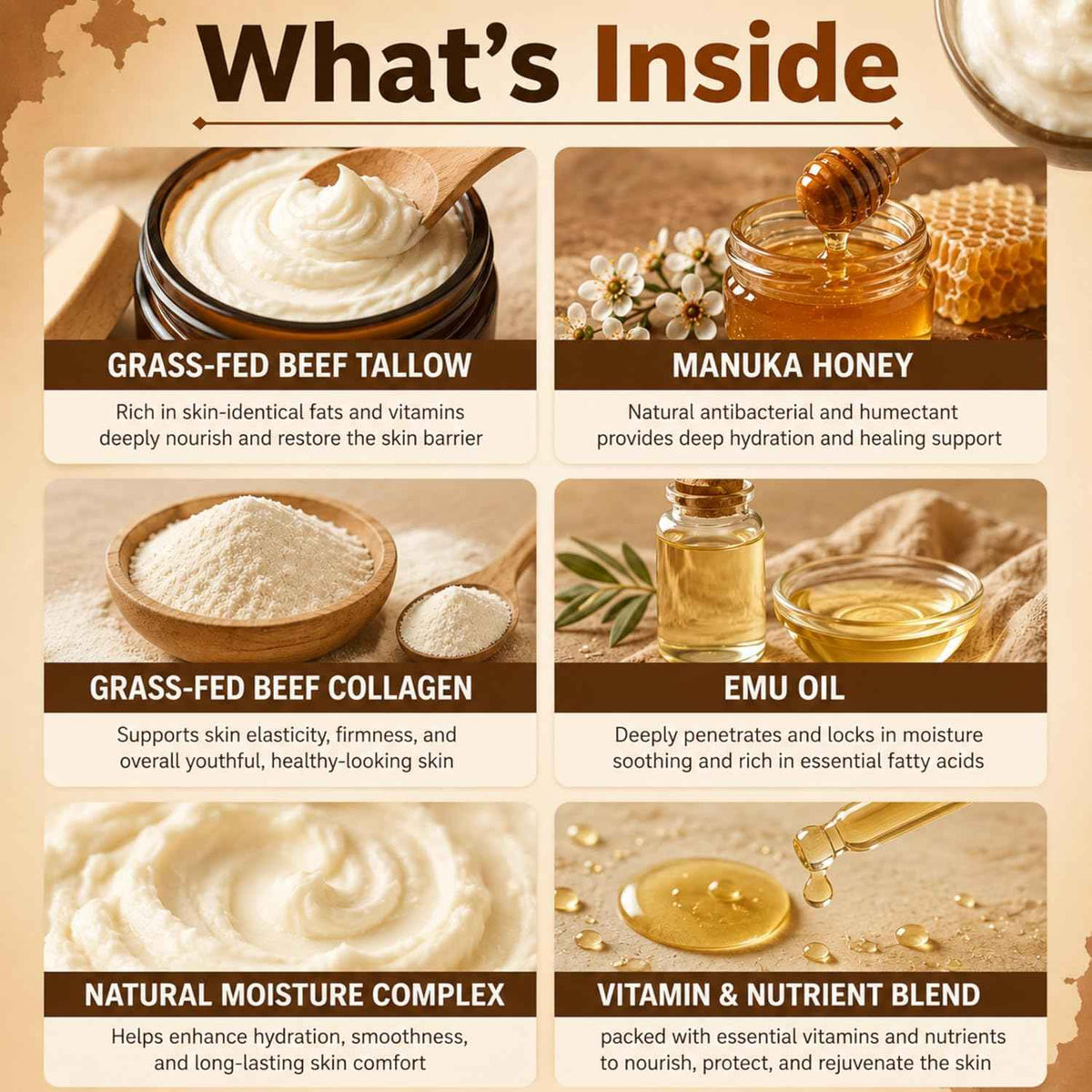 Beef Tallow Cream for Face and Body, Grass Fed Tallow Moisturizer with Manuka Honey, Collagen and Emu Oil, Unscented Handmade Skin Cream for Dry Skin, 2 fl oz