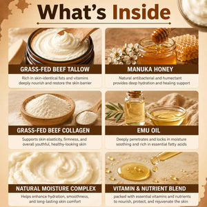 Beef Tallow Cream for Face and Body, Grass Fed Tallow Moisturizer with Manuka Honey, Collagen and Emu Oil, Unscented Handmade Skin Cream for Dry Skin, 2 fl oz