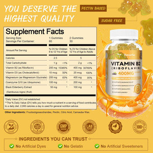 Totaria Vitamin B2 Gummies, Sugar Free Riboflavin 400mg Supplement for Adults & Kids with Magnesium Glycinate 400mg, COQ10 & Elderberry, Skin & Nervous System Support, Non-GMO, 60 Gummies