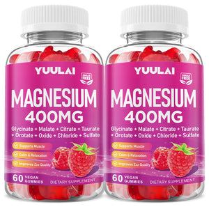 Two bottles of Yuulai Magnesium 400MG gummy vitamins on a white background
