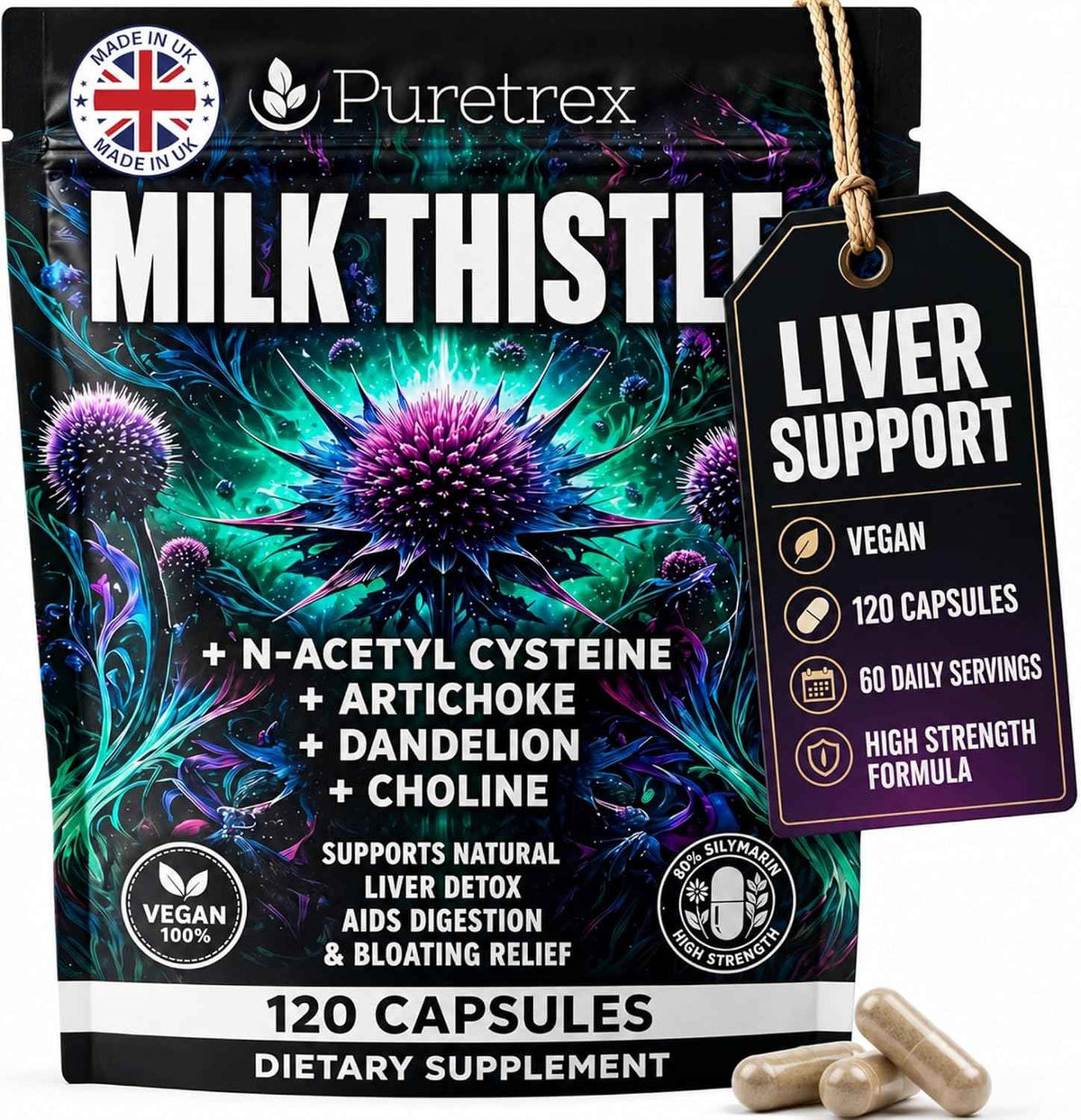Milk Thistle Supplement - 120 Vegan Capsules, Advanced Liver Support Complex with NAC, Artichoke, Dandelion, Choline, Turmeric & BioPerine, Liver Detox, Cleanse, Bloating Relief & Digestion