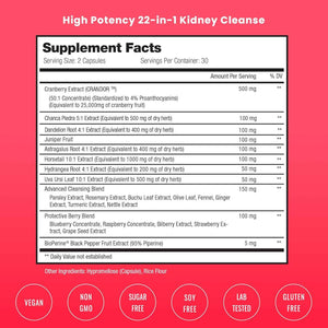 Kidney Cleanse Detox | 22-in-1 Kidney Support Supplement | Cranberry Pills Extract | Extra Strength Repair & Flush Premium Formula | Urinary Tract Health for Women & Men | 60 Vegan Capsules