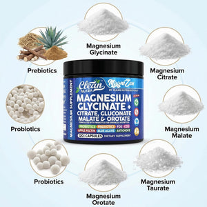 Clean Nutra Magnesium Glycinate Citrate Malate Orotate Taurate Supplement Complex + 10 Strain Probiotic Prebiotics FOS GOS Inulin Sleep Calm Support Apple Pectin – 120 Vegan Capsules Clean Nutraceuticals buy supplements Au