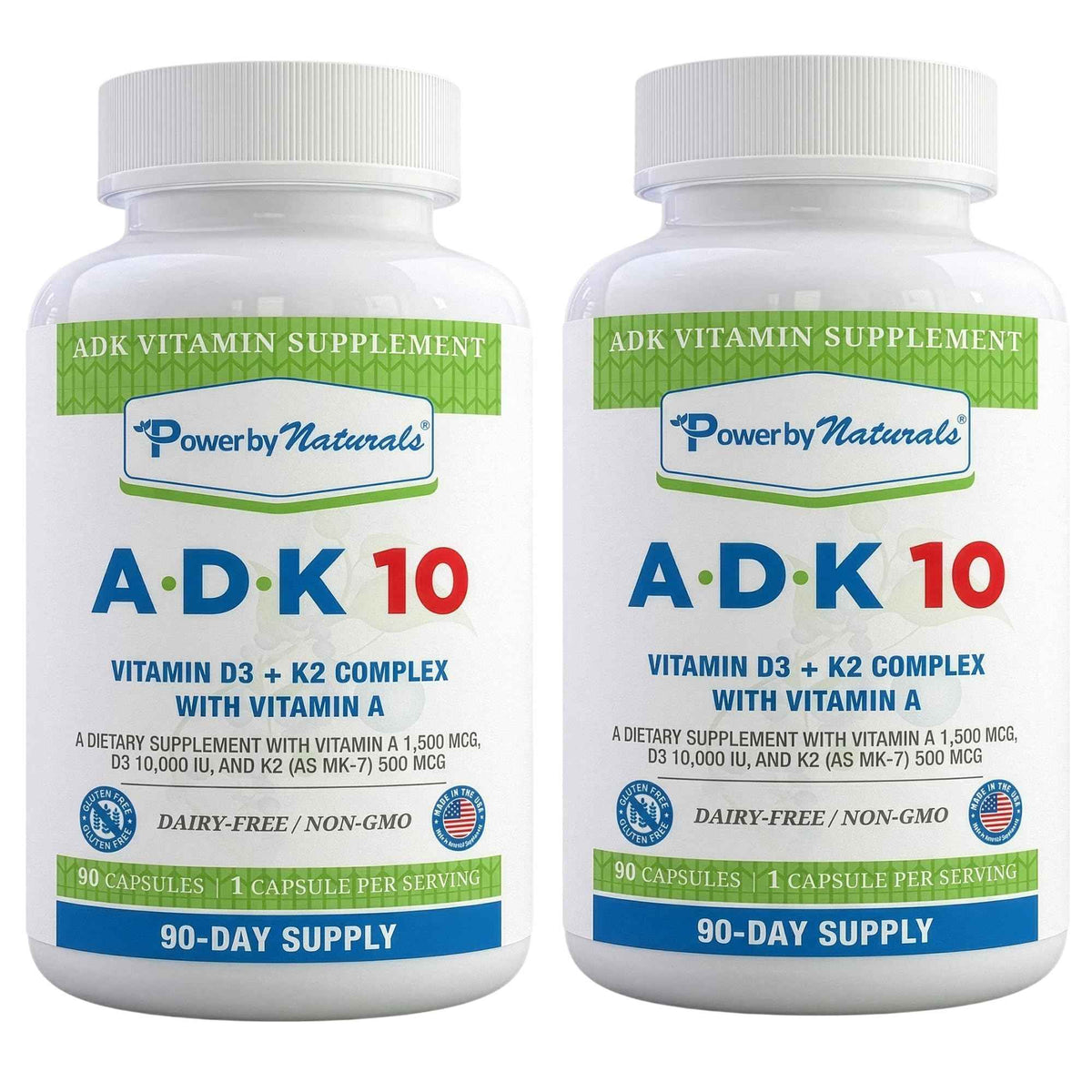 Power By Naturals ADK 10 Vitamin Supplement – Vitamins A, D3 & K2 MK-7 for Bone, Heart & Immune Health – Gluten-Free, Soy-Free – 90 Capsules (3-Month Supply)