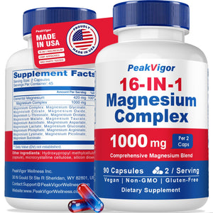 PeakVigor 16-IN-1 Magnesium Complex supplement bottle with label details on a white background