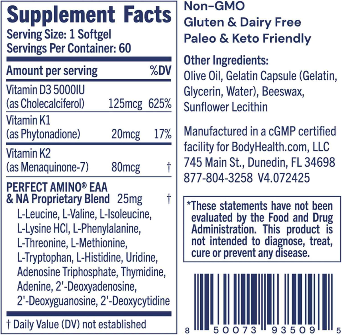 BodyHealth D3 + MK7 - Vitamin D3 5000IU, Vitamin K1, Vitamin K2 - Easy to Swallow Supplement, Supports Bone Strength & Calcium Absorbtion* - 60 Softgels