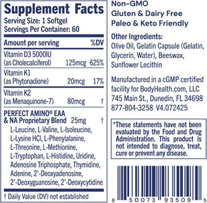 BodyHealth D3 + MK7 - Vitamin D3 5000IU, Vitamin K1, Vitamin K2 - Easy to Swallow Supplement, Supports Bone Strength & Calcium Absorbtion* - 60 Softgels