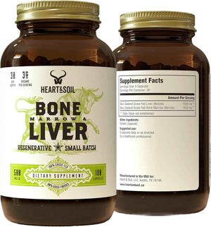 HEART & SOIL Bone Marrow & Beef Liver, 180 Capsules | 100% grass fed & finished from regenerative cattle. Supports bones, joints, tissue & skin. 3000mg for women & men.