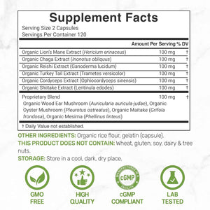 Organic 10-in-1 Mushroom Supplement, 240 Capsules – Lions Mane, Turkey Tail, Reishi, Cordyceps & More Mushroom Complex – Immune, Energy & Nootropic Brain Support – Non-GMO