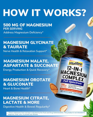 Vitalibre 12 in 1 Magnesium Complex Supplement 500mg | Max Absorption Chelated Magnesium Glycinate Citrate Malate & More for Bone, Nerve & Digestive Support | Non-GMO Vegan Capsules (120 Count) Vitalibre buy supplements Au