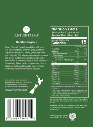 Antler Farms New Zealand Super Greens Powder - Organic, 40 Servings, 200g | 100% Pure, Wheat Grass, Barley Grass, Chlorella, Spirulina - Vegan, Gluten Free, Chlorophyll Rich, for Energy and Detox