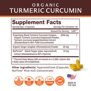Life's Fortune Organic Turmeric Curcumin with Black Pepper and Ginger, Enhanced Absorption, Extra Strength Supplement, Joint & Immune Support, Non-GMO, 180 Cap - 2250mg
