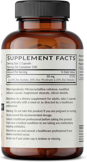 Futurebiotics Zinc Triple Action 30mg Key Nutrient Blend Immune Support Supplement with Zinc Acetate, Picolinate & Orotate - Immune, Antioxidant & Skin Health Support - 150 Vegetarian Capsules