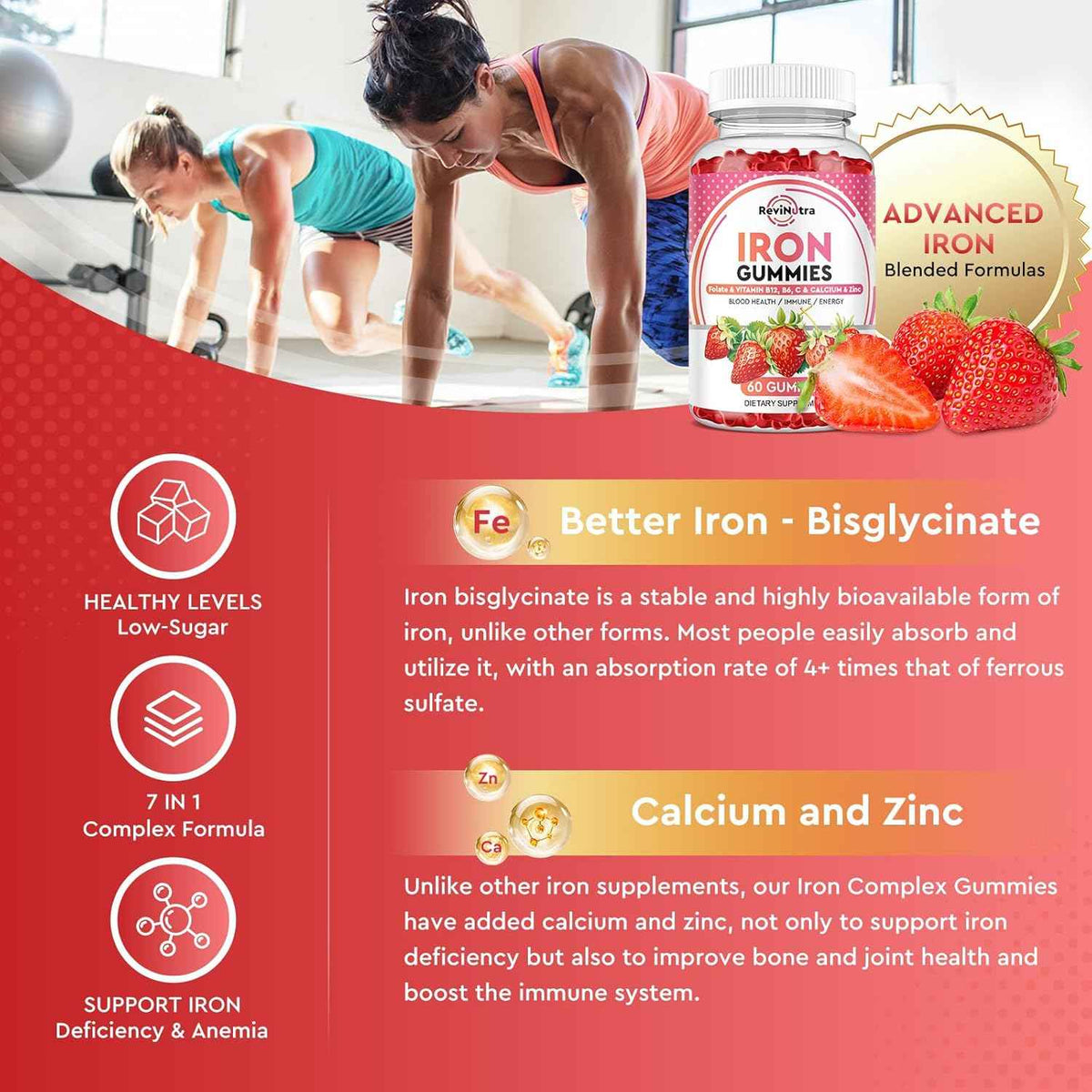 Iron Gummies - with Calcium, Zinc, Folate & Vitamin B12, C,B6 for Adults & Kids - Blood Builder & Energy Support for Iron Deficiency, Anemia, Vegan - 60 Gummies