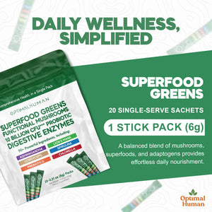 Optimal Human Superfood Greens Powder – 90+ Ingredient Blend with Lion’s Mane Supplement, Ashwagandha & Turmeric – Non-GMO, Soy-Free, Mushroom Supplements for Women – 20 Sachets O HBuy Supplements Australia