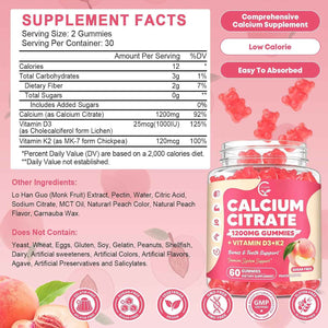 Calcium Citrate Gummies 1200 mg with Vitamin D3, K2 for Bone, Muscle & Immune Support, High Absorption Chewable Calcium Supplements for Women & Men, Sugar Free, Vegan, Peach Flavor, 60 Chews