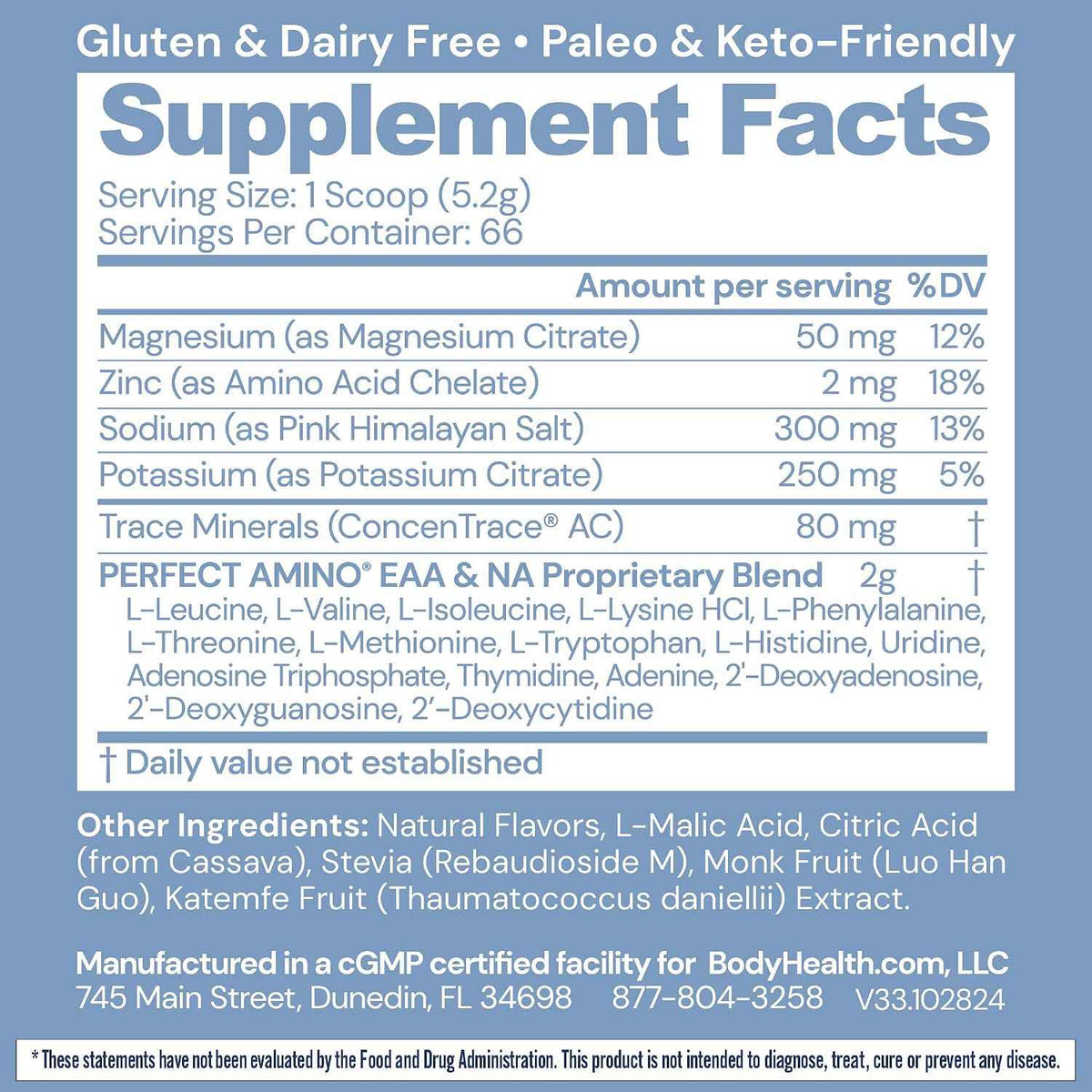 BodyHealth PerfectAmino Electrolytes Powder No Sugar, Hydration Fasting Keto Zero Sugar Electrolytes Drink Mix with Trace Minerals - NSF Certified for Sport - Watermelon - 66 Servings