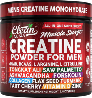 Clean Nutra Creatine Powder for Men + HMB BCAA L Arginine L Citrulline Tongkat Ali Saw Palmetto Ashwagandha Collagen Flax Seed Turmeric Preworkout Stevia Nitric Oxide L Glutamine Amino Acids