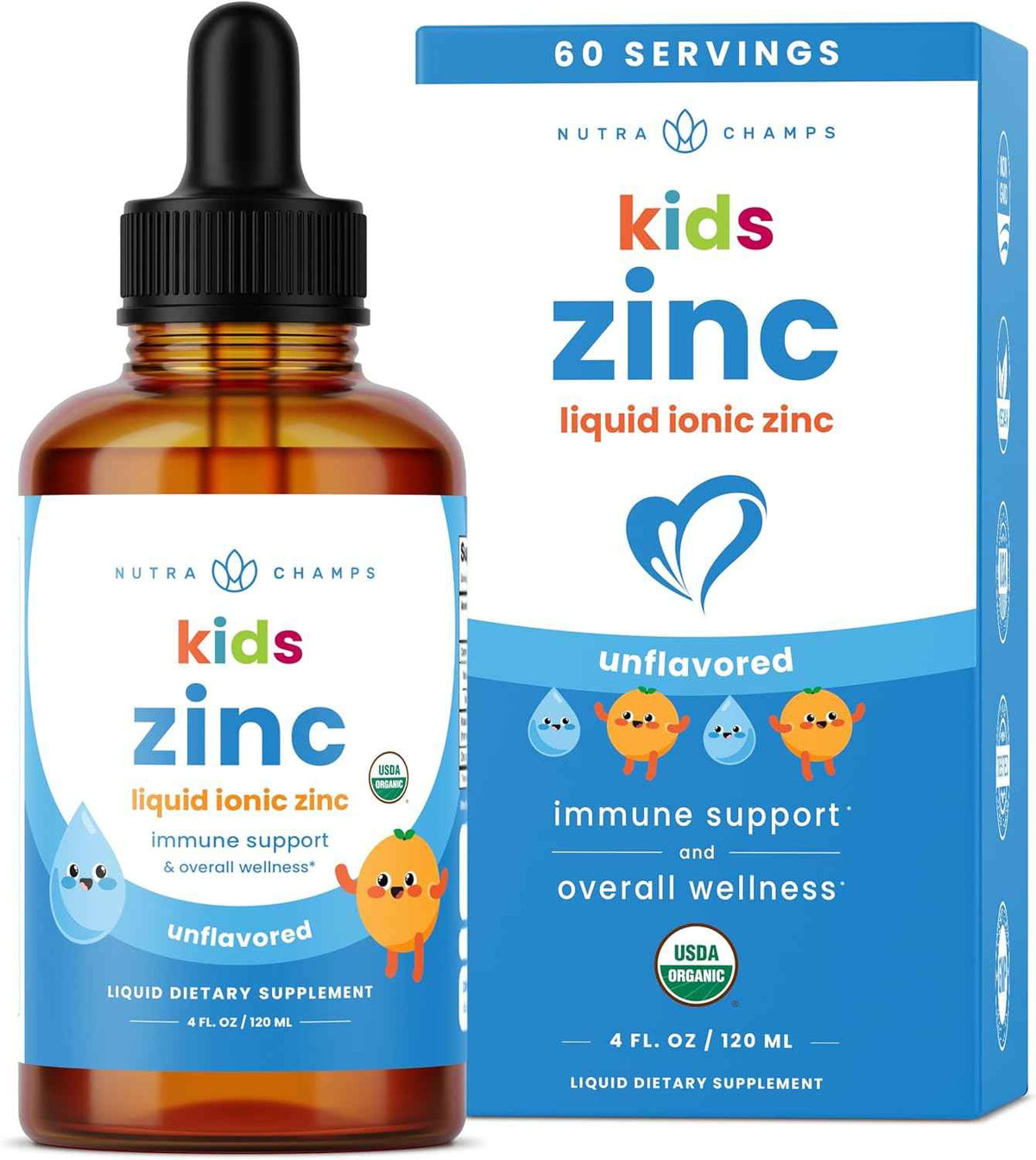 NutraChamps Organic Liquid Zinc Drops for Kids, Ionic Zinc Drops Enhanced with Vitamin C for Children, Sugar-Free 4 oz, Vegan & Non-GMO, Unflavored, 60 Servings, 2 Month Supply