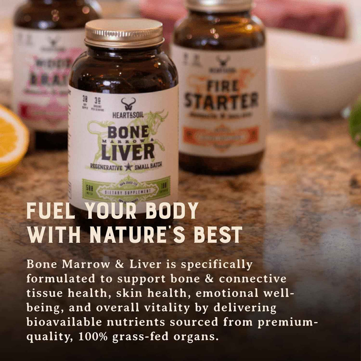 HEART & SOIL Bone Marrow & Beef Liver, 180 Capsules | 100% grass fed & finished from regenerative cattle. Supports bones, joints, tissue & skin. 3000mg for women & men.