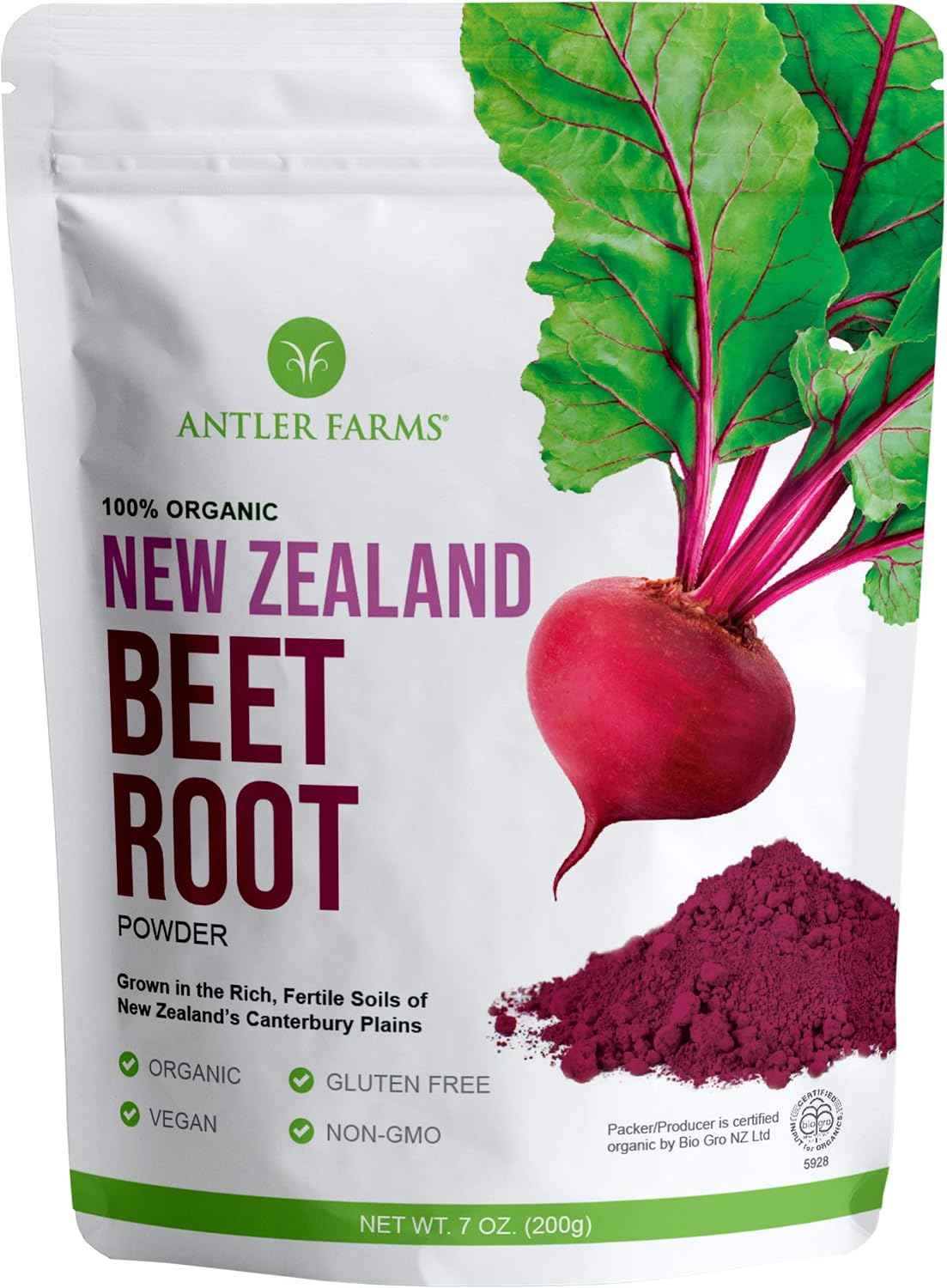 Antler Farms New Zealand Beet Root Powder - Organic, 40 Servings, 200g | 100% Pure, Freeze Dried, Raw, Vegan, Gluten Free, Naturally Rich in Nitrates for Performance & Vitality