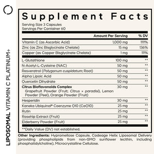 Codeage Liposomal Vitamin C+ Platinum - 1000 Mg Vitamin C Vitamins, Glutathione, NAC (N Acetyl Cysteine), Resveratrol, CoQ10, Rutin, Elderberry, Quercetin, Rosehip, Citrus Bioflavonoids - 180 Capsules CodeageBuy Supplements Australia