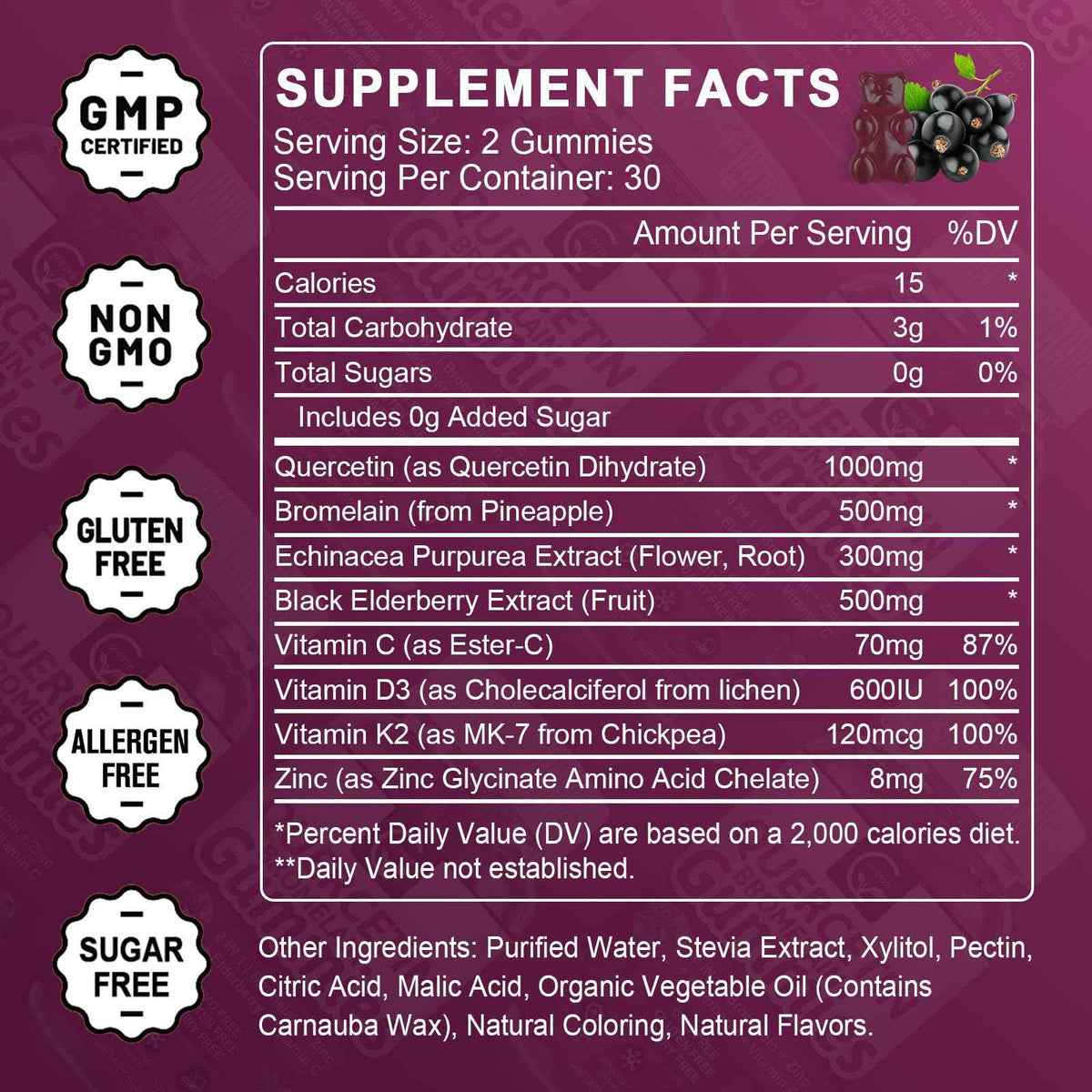 (2 Pack) Quercetin Gummies - Quercetin with Bromelain 2378mg - Blend with Elderberry, Echinacea Purpurea Extract, Zinc, Vitamin C,D3,K2, Complex Supports Immune, Cardiovascular & Respiratory Function