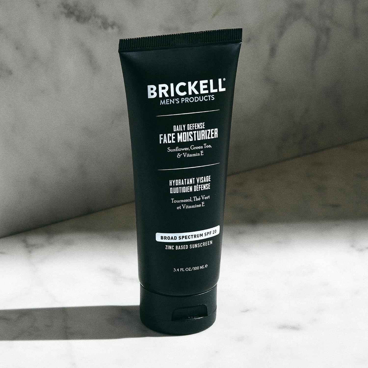 Brickell Men's Daily Defense SPF20 Face Moisturizer for Men, Moisturizing Mineral Sunscreen, Hydrates & Protects Skin Against Harmful UVA/B Rays, With Zinc, Green Tea, & Vitamin E, 3.4oz, Unscented