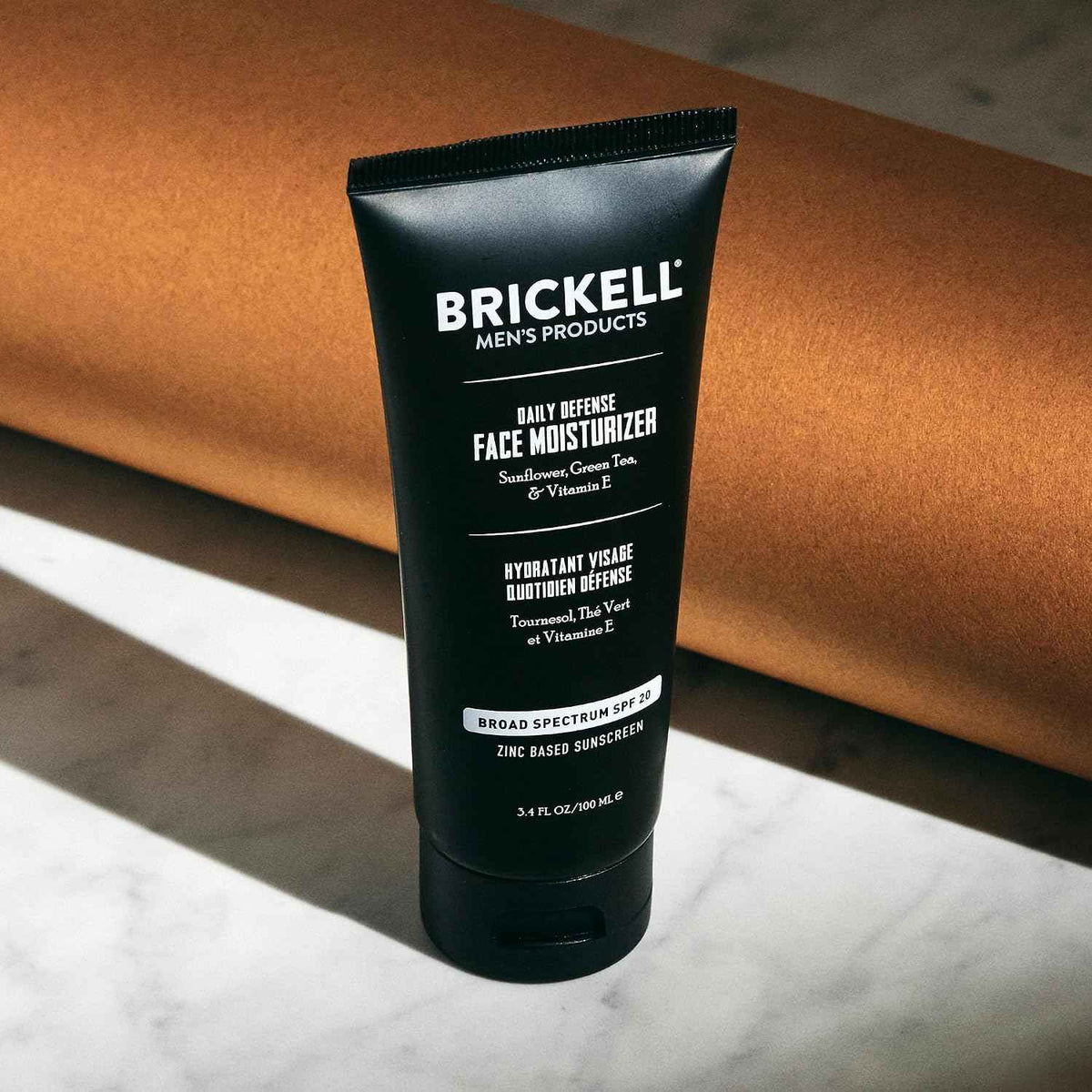 Brickell Men's Daily Defense SPF20 Face Moisturizer for Men, Moisturizing Mineral Sunscreen, Hydrates & Protects Skin Against Harmful UVA/B Rays, With Zinc, Green Tea, & Vitamin E, 3.4oz, Unscented
