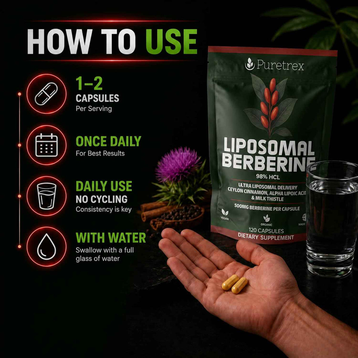 Liposomal Berberine 500mg HCl 98%, 120 Capsules with Ceylon Cinnamon, Alpha Lipoic Acid, Milk Thistle, Enhanced Absorption Metabolism Supplement, Made in UK, Vegan
