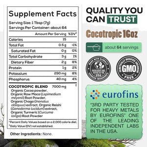 Organic Cocotropic Mushroom Hot Cocoa - Mushroom Coffee Alternative | Sugar Free Hot Chocolate | Organic Cocoa Powder, Reishi Mushrooms, Chaga, Maca Root, Turmeric | Delicious Sustained Focus, Energy & Mood Without Jitters | 16oz