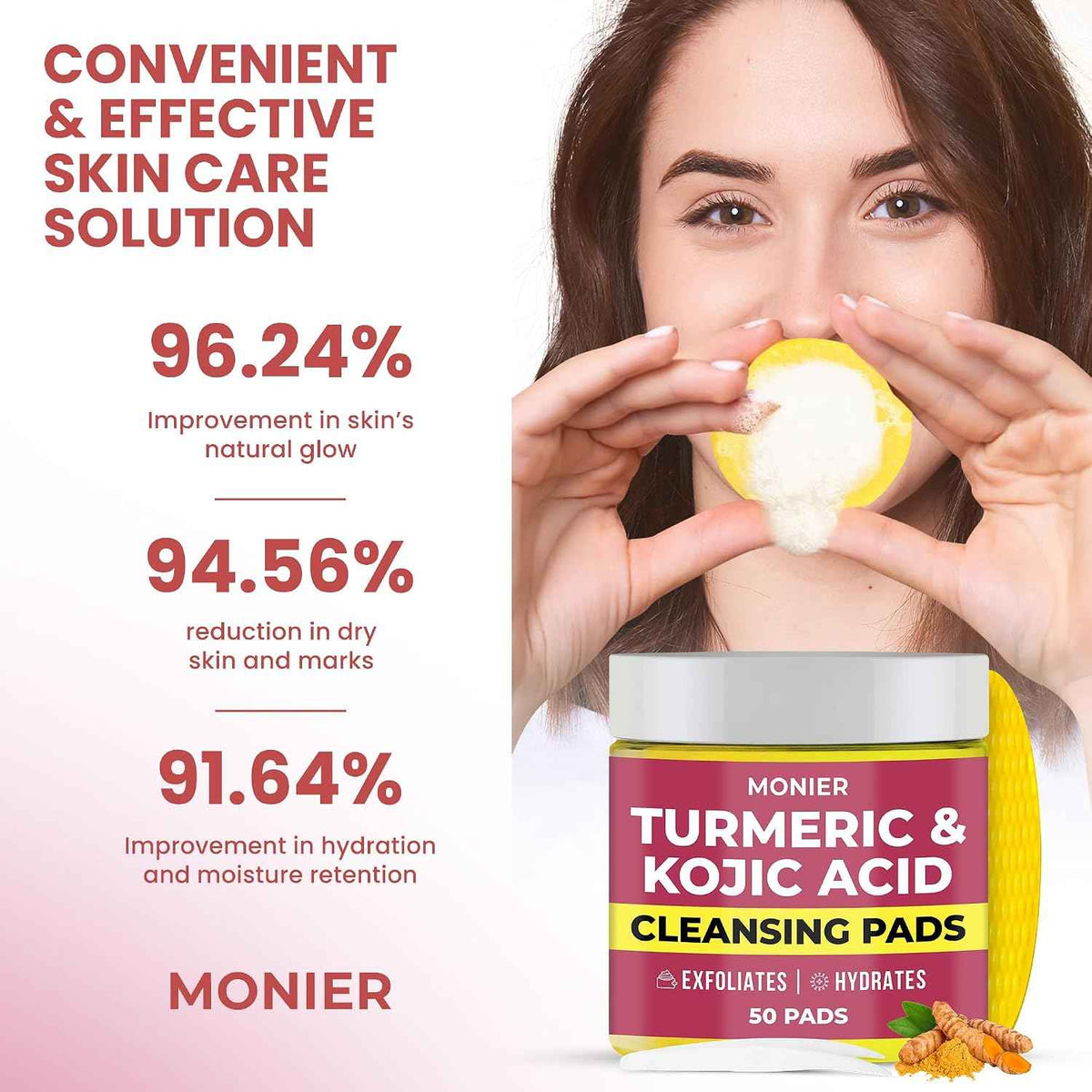 Turmeric Kojic Acid Cleansing Pads for Face Dark Spots - Hydrates & Plumps | With Vitamin C & E, Sensitive Skin Friendly (50 Pads)