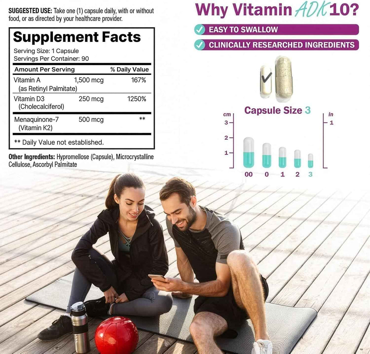 NatureGenX ADK10 – Vitamins A, D3 250 mcg & K2 MK-7 for Bone, Heart & Immune Health – Non-GMO, Gluten-Free, Soy-Free – 90 Capsules (3-Month Supply) | For Bone, Heart & Immune Health - Non-GMO, Gluten-Free, Soy-Free - 90 Capsules (3-Month Supply)