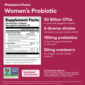 Physician's CHOICE Probiotics for Women - PH Balance, Digestive, UT, & Feminine Health - 50 Billion CFU - 6 Unique Strains for Her - Organic Prebiotics, Cranberry Extract+ - Women Probiotic - 30 CT Physician's CHOICE buy supplements Au