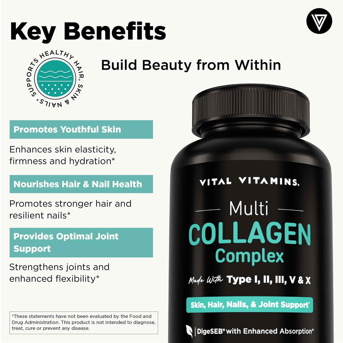 Vital Vitamins Multi Collagen Peptides Complex for Women & Men, 150 Pills | Supports Skin, Hair & Nails, 5 Collagen Types I II III V & X, Grass-Fed Non-GMO Collagen Supplements